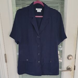 Jaeger Vintage Linen/Flax Navy Blue Short Sleeve Blazer/Jacket Sz M Made in GB